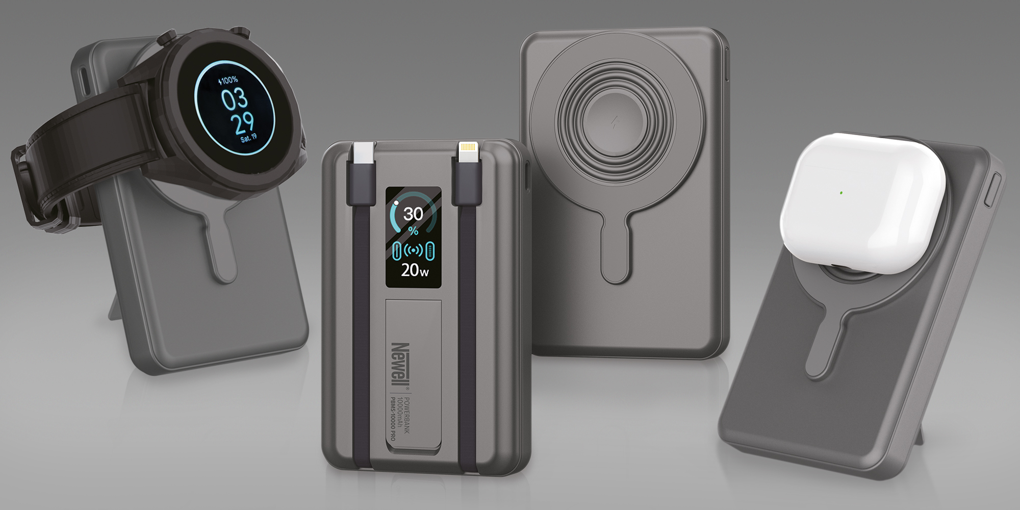 Power Bank Newell MS-10000 Pro MagSafe 10000 mAh Lightning, USB-C - szary